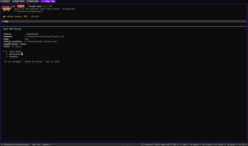 Claude Code talking to the Quil MCP server