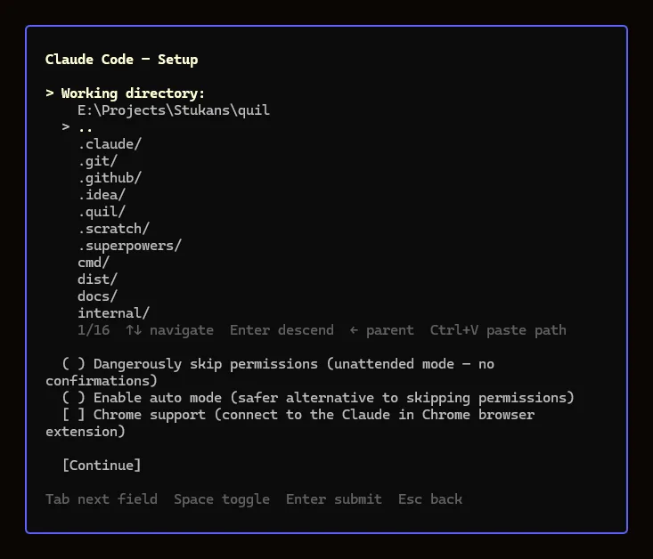 Claude Code pane setup dialog with directory browser and toggles