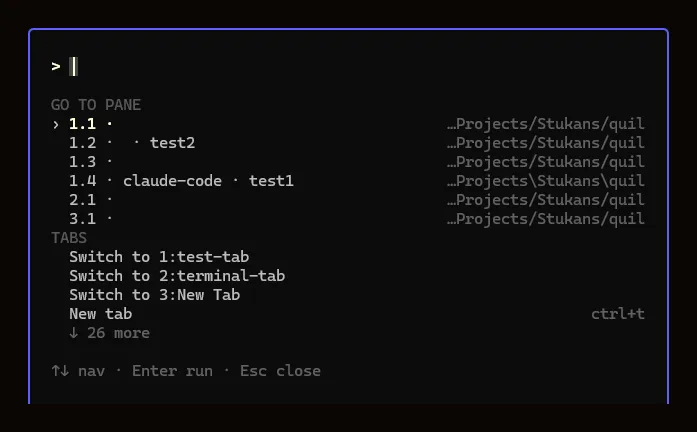 Command palette showing Go to pane and Tabs sections for cross-workspace navigation