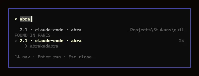 Found in panes results with per-pane match counts and a preview line of the most recent match