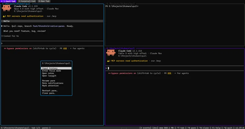Right-click pane menu — Quil screenshot