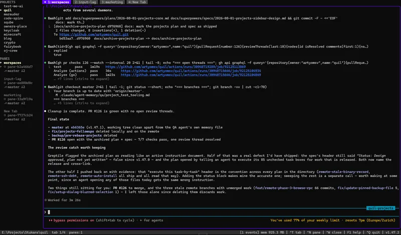 Quil sidebar listing a dozen projects with per-pane agent state and git branch under the active one