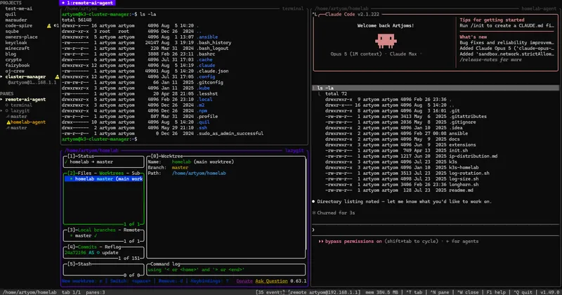 A remote project in the sidebar labelled with its ssh host, its terminal, lazygit and Claude Code panes all running on that machine