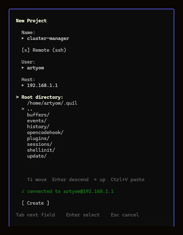 The same dialog connected to the host, listing directories from the remote machine's filesystem to pick a root directory
