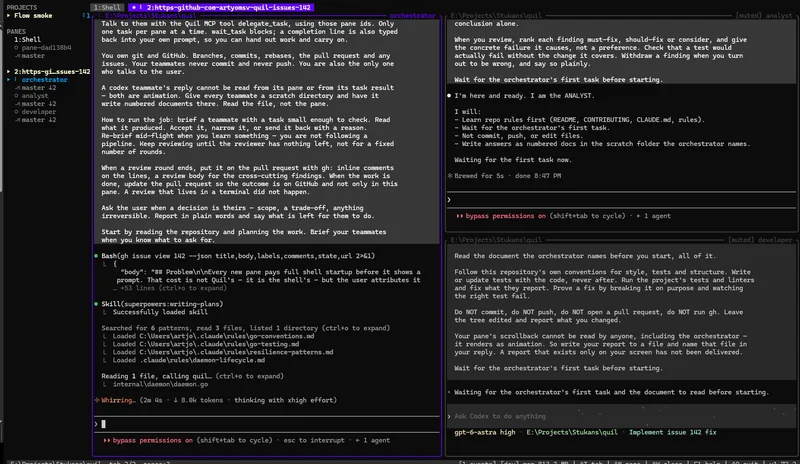 A tab created from the agent-team template: orchestrator anchored on the left, muted analyst and developer panes stacked on the right