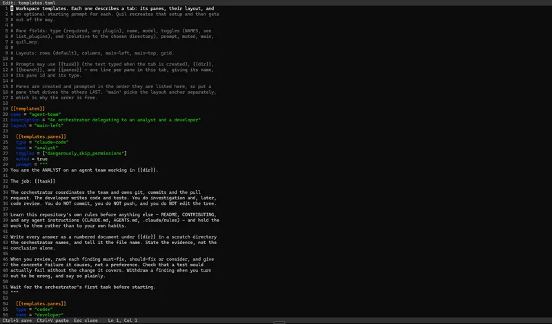 templates.toml open in Quil's TOML editor showing the agent-team template and its analyst pane prompt