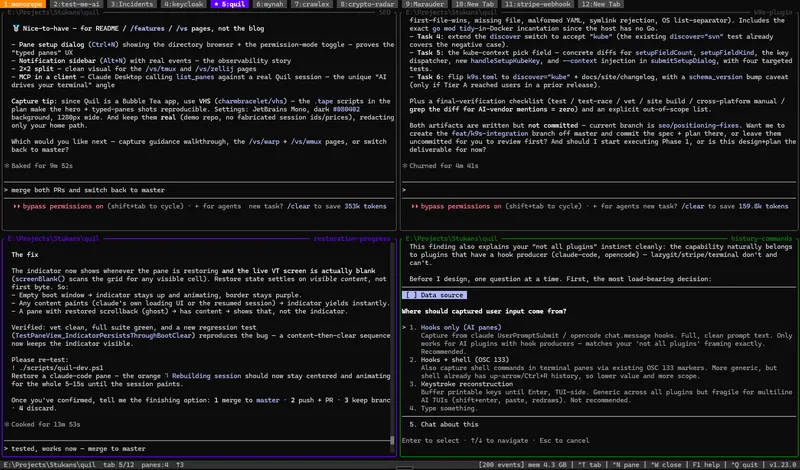 tmux-style splits with spatial navigation — Quil screenshot